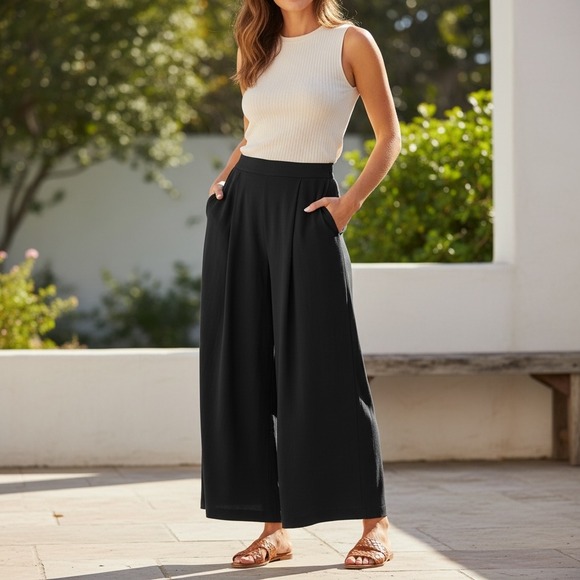 CALIA by Carrie Underwood Pants - Calia Black Wide Leg Cropped‎ Pants Pleated Elastic Waist Lightweight Casual